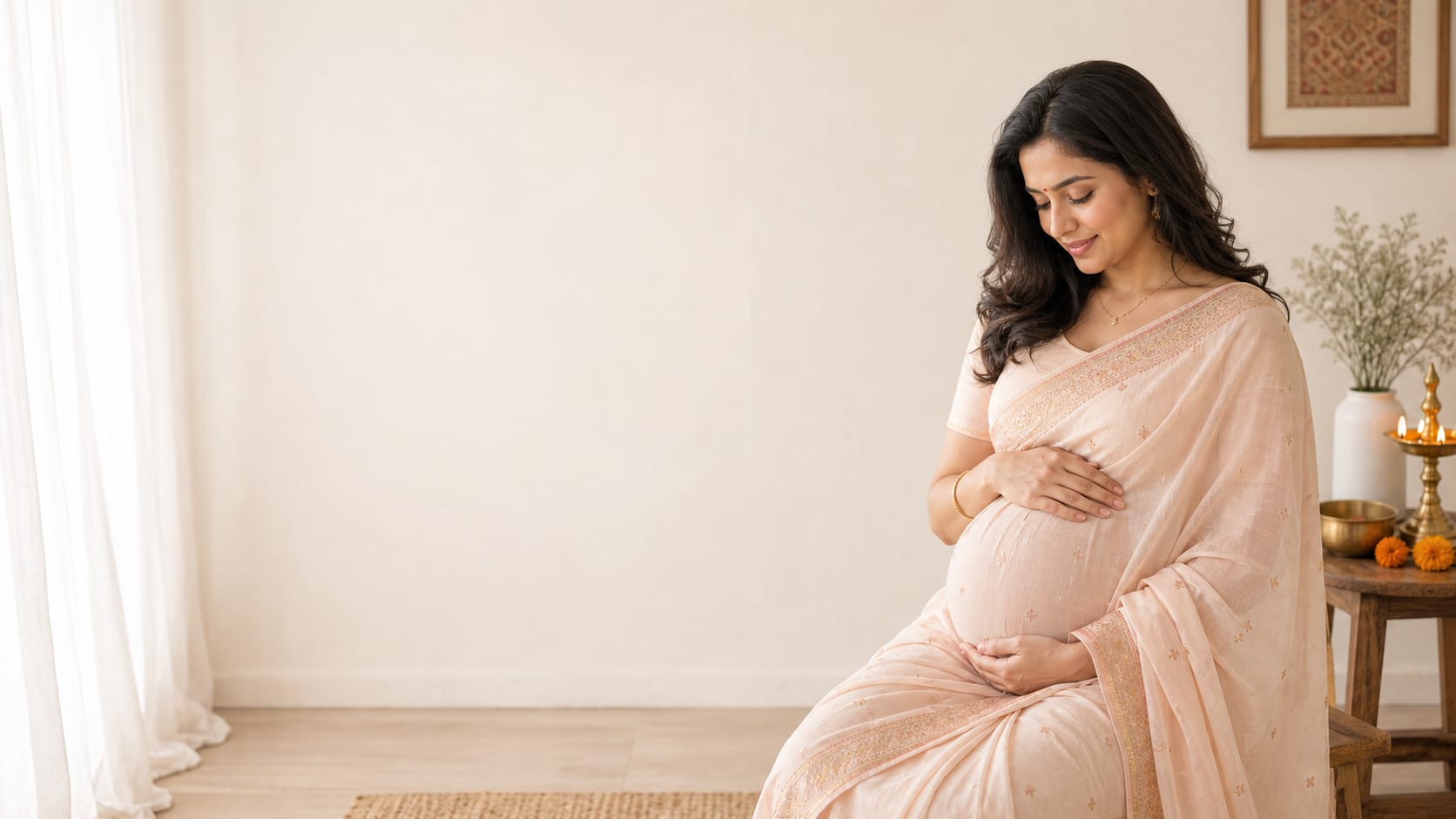 Maharashtrian maternity portrait in pastel saree