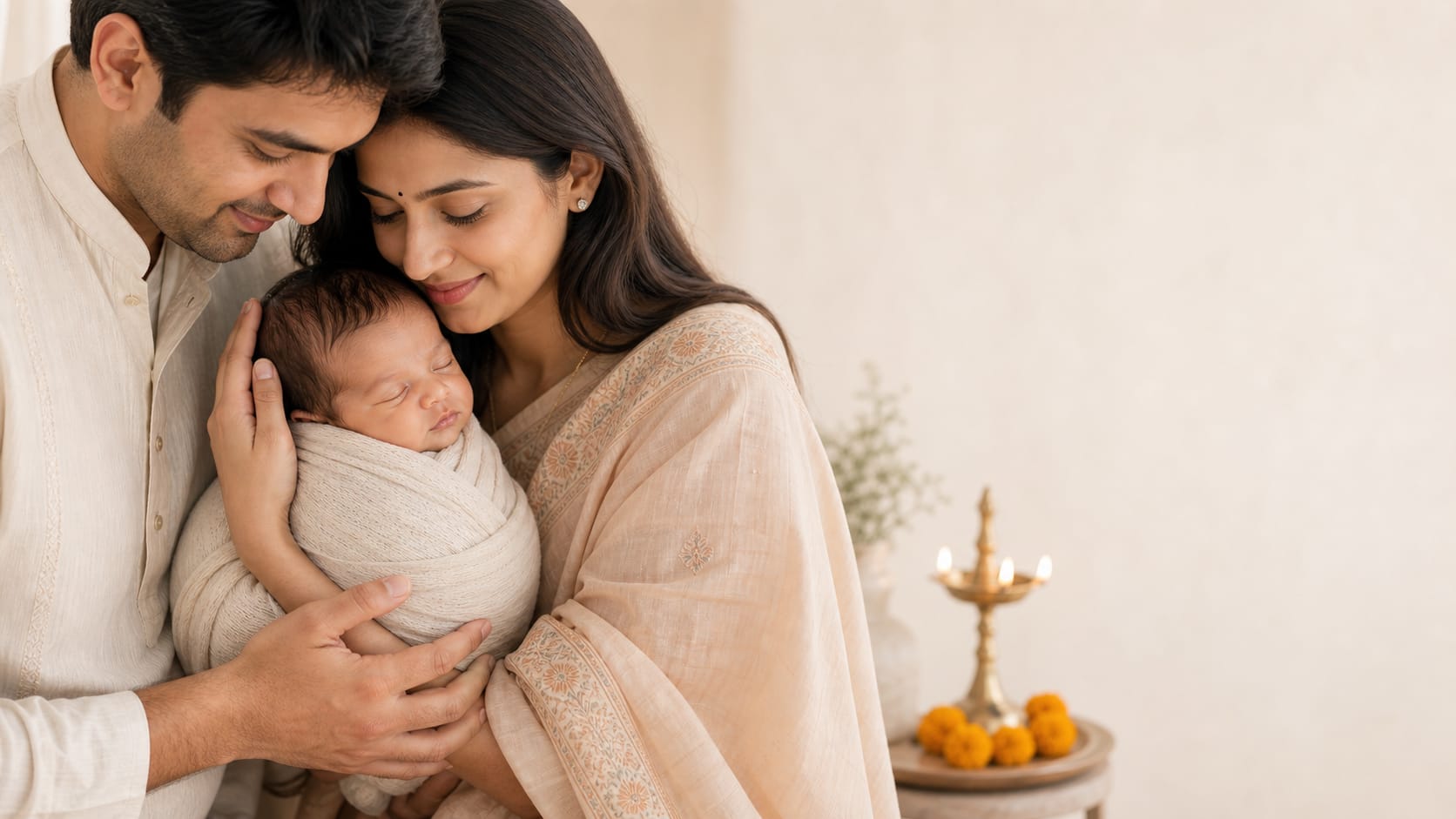 Indian newborn portrait with parents and Maharashtrian warmth