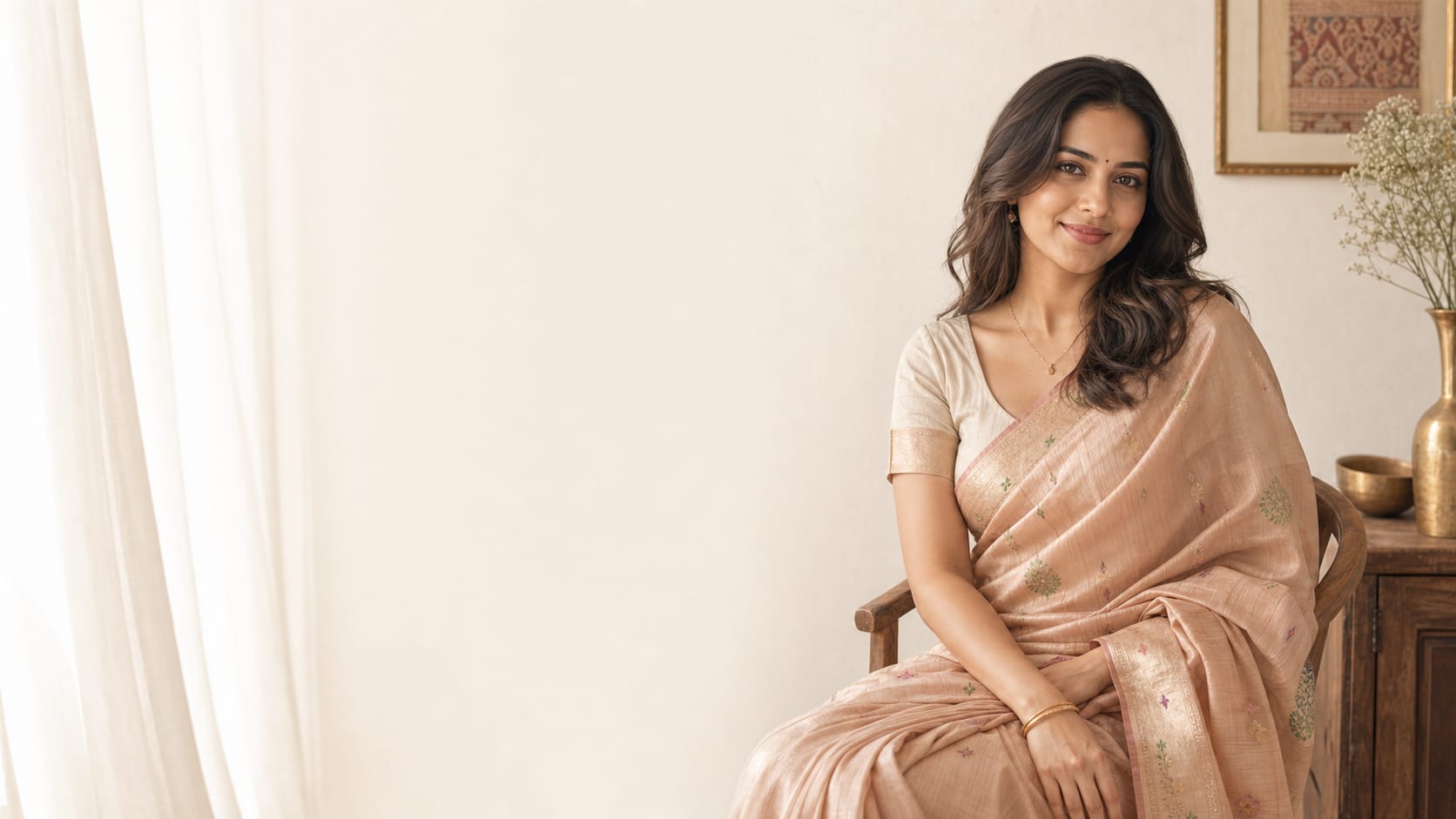 Maharashtrian portrait in pastel saree and warm home studio